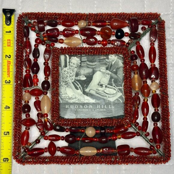 VINTAGE Hudson Hill Glass Beaded Red Mini Picture Frame 6" Square Holds 3" Pic - Picture 3 of 4